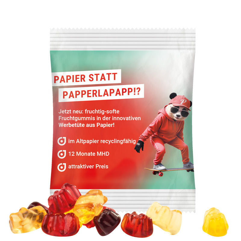 Minitüte 15 g Trolli 30% Fruchtsaft Bärchen; Trolli Gummibärchen, 30 % Fruchtsaftanteil, recyclingfähiges Papier, weiß