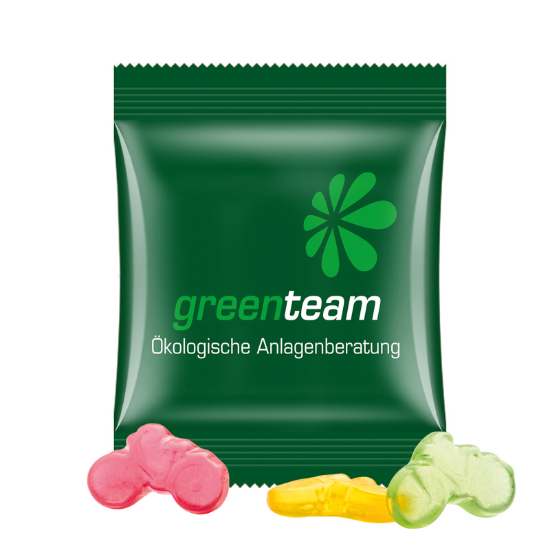 Minitüte 10 g Trolli Fruchtgummi Standardformen; Trolli Fruchtgummi Fahrrad, Kompostierbare Folie, weiß