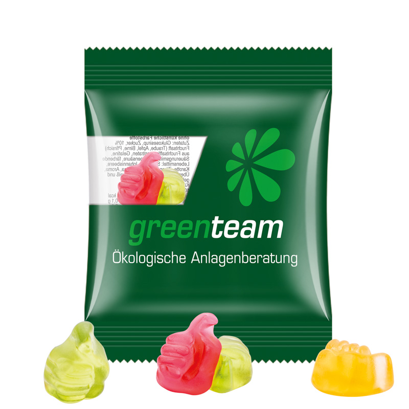 Minitüte 10 g Trolli Fruchtgummi Standardformen; Trolli Fruchtgummi Daumen, Kompostierbare Folie, transparent