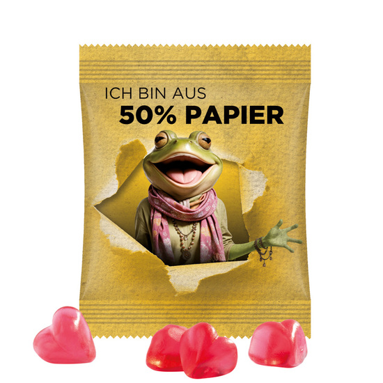 Minitüte 10 g Trolli Fruchtgummi Standardformen; Trolli Fruchtgummi Herz rot, Folie mit ca. 50% Papieranteil, weiß