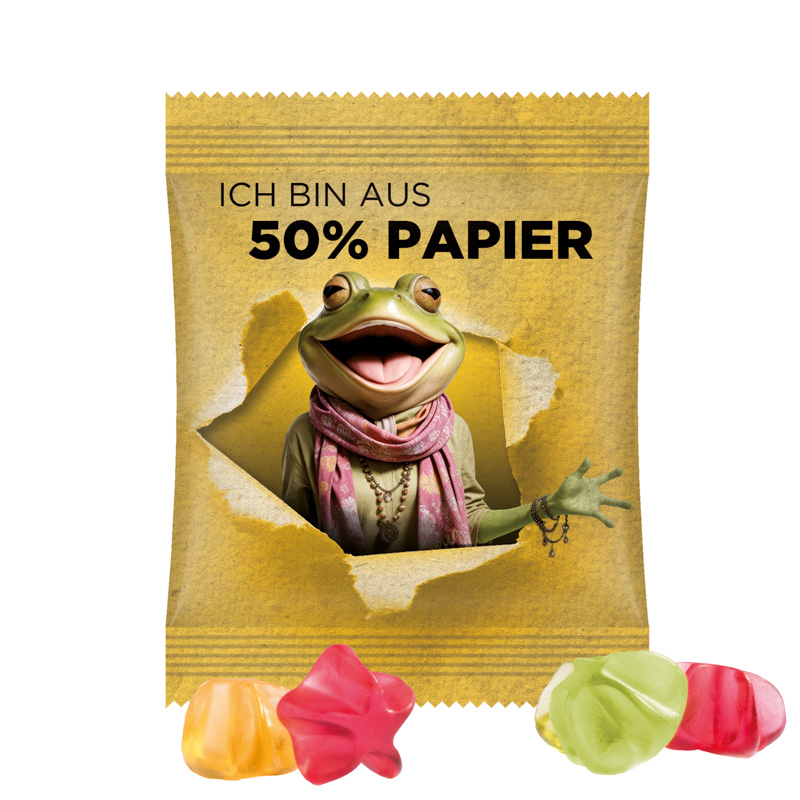 Minitüte 10 g Trolli Fruchtgummi Standardformen; Trolli Fruchtgummi Sterne, Folie mit ca. 50% Papieranteil, weiß