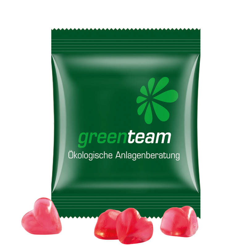 Minitüte 15 g Trolli Fruchtgummi Standardformen; Trolli Fruchtgummi Herz rot, Kompostierbare Folie, weiß
