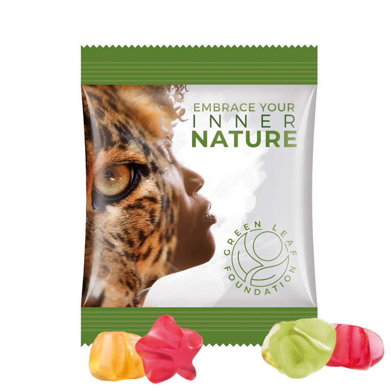 Minitüte 15 g Trolli Fruchtgummi Standardformen; Trolli Fruchtgummi Sterne, Kompostierbare Folie, weiß