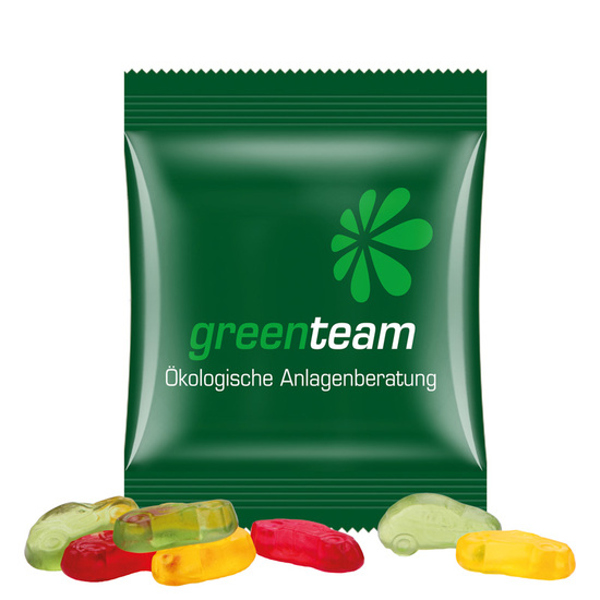 Minitüte 15 g Trolli Fruchtgummi Standardformen; Trolli Fruchtgummi Autos, Kompostierbare Folie, weiß