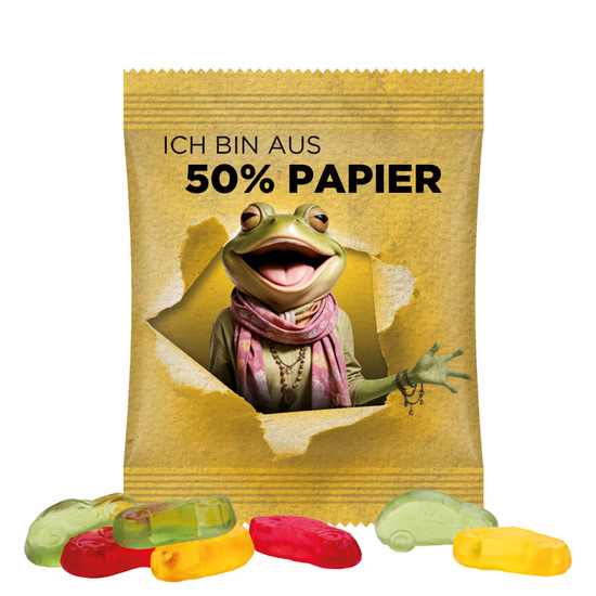 Minitüte 15 g Trolli Fruchtgummi Standardformen; Trolli Fruchtgummi Autos, Folie mit ca. 50% Papieranteil, weiß