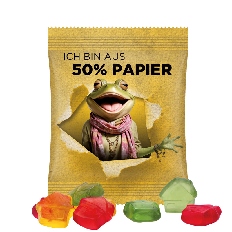 Minitüte 15 g Trolli Fruchtgummi Standardformen; Trolli Fruchtgummi Haus, Folie mit ca. 50% Papieranteil, weiß