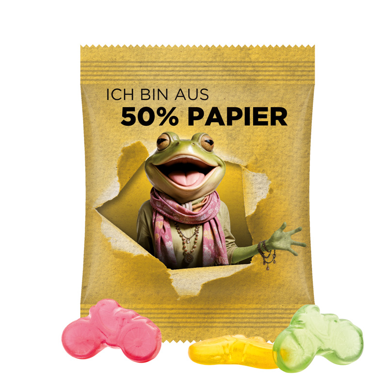 Minitüte 15 g Trolli Fruchtgummi Standardformen; Trolli Fruchtgummi Fahrrad, Folie mit ca. 50% Papieranteil, weiß