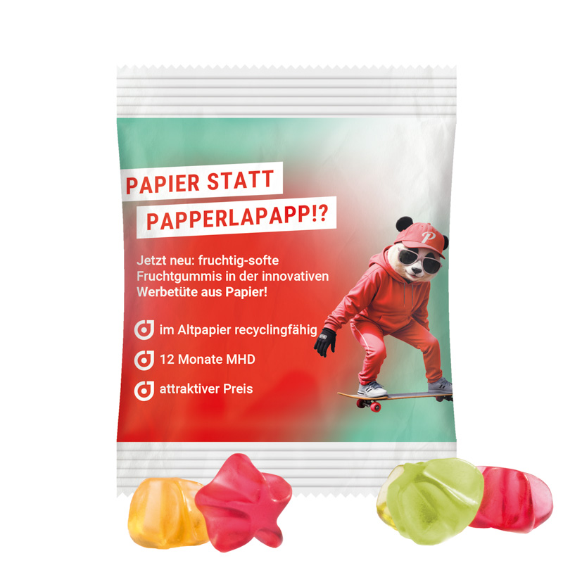 Minitüte 15 g Trolli Fruchtgummi Standardformen; Trolli Fruchtgummi Sterne, recyclingfähiges Papier, weiß