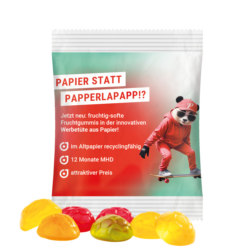 Minitüte 15 g Trolli Fruchtgummi Standardformen; Trolli Fruchtgummi Fußbälle, recyclingfähiges Papier, weiß
