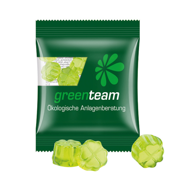 Minitüte 15 g Trolli Fruchtgummi Standardformen; Trolli Fruchtgummi Kleeblatt grün, Kompostierbare Folie, transparent