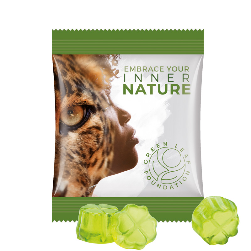 Minitüte 15 g Trolli Fruchtgummi Standardformen; Trolli Fruchtgummi Kleeblatt grün, Folie, weiß