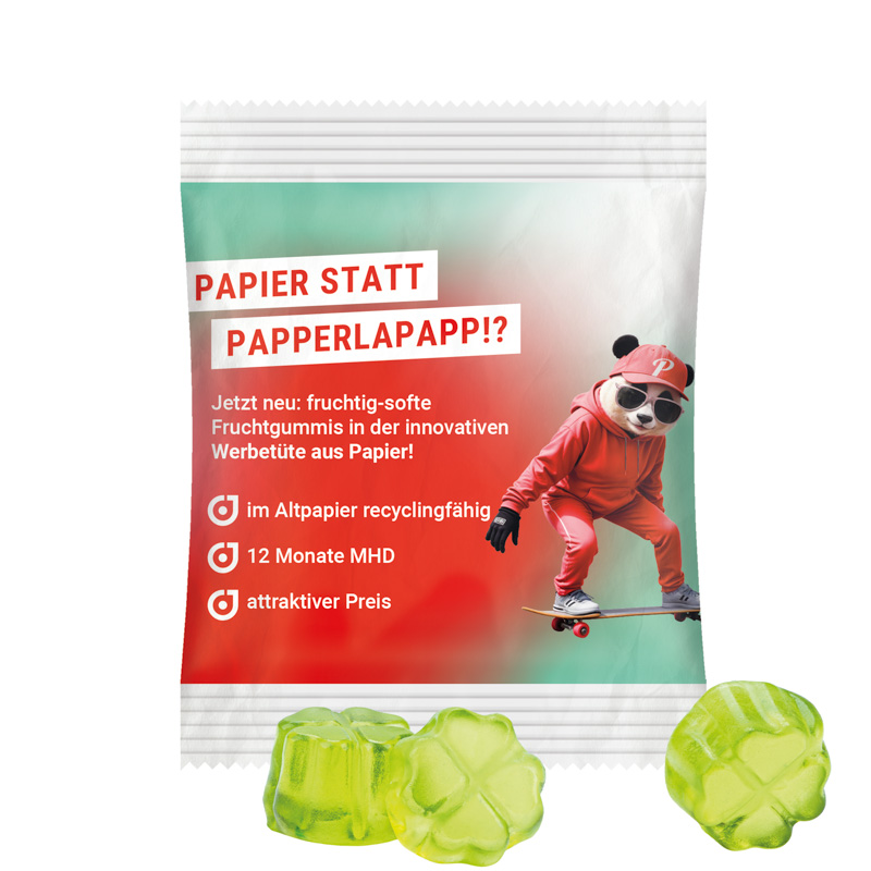 Minitüte 15 g Trolli Fruchtgummi Standardformen; Trolli Fruchtgummi Kleeblatt grün, recyclingfähiges Papier, weiß