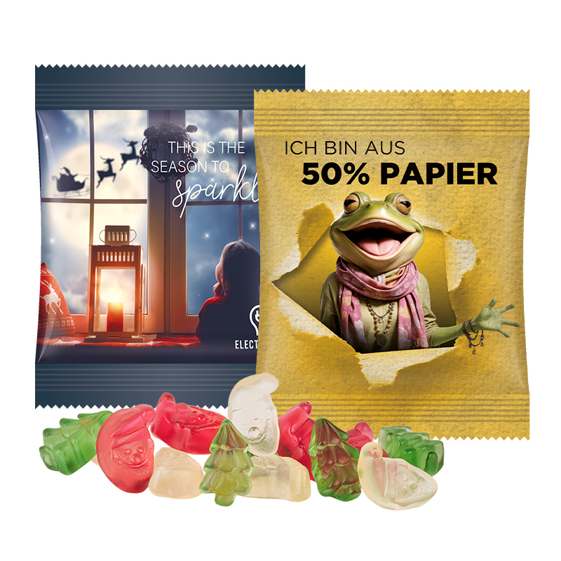 Minitüte 15 g Trolli Fruchtgummi Weihnachtsmischung; Trolli  Weihnachtsmischung (Santa Claus und Weihnachtsbaum), Folie mit ca. 50 % Papieranteil, weiß