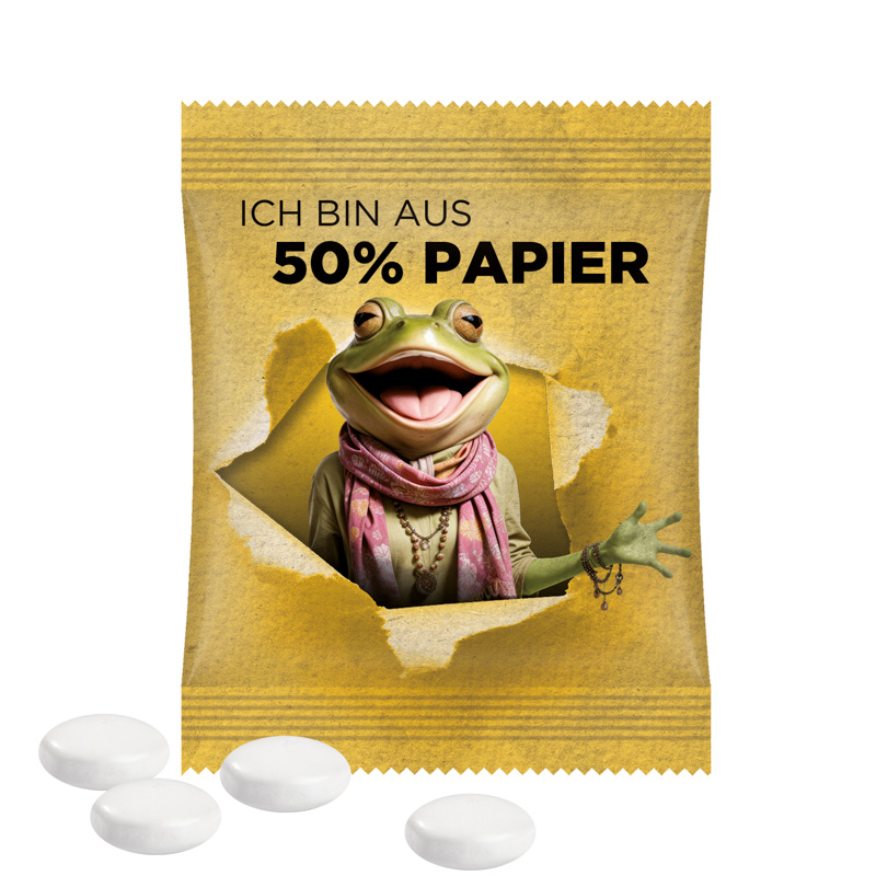 Minitüte 8 g Mentos Kaudragees; Mentos Kaudragee Mint, Folie mit ca. 50% Papieranteil, weiß