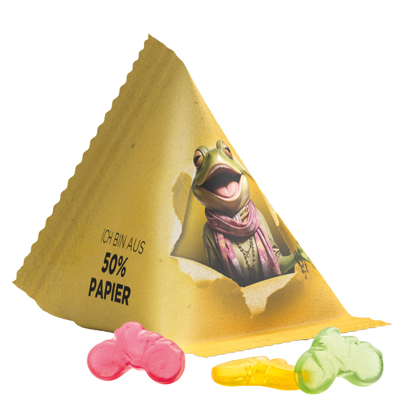 Tetraeder 15 g Trolli Fruchtgummi Standardformen; Trolli Fruchtgummi Fahrrad, Folie mit ca. 50% Papieranteil, weiß