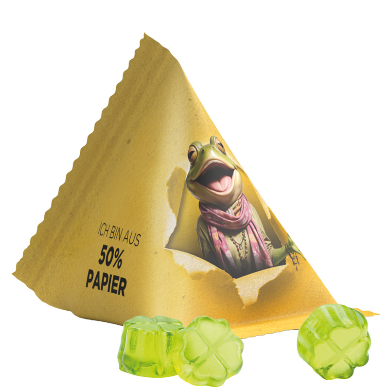 Tetraeder 15 g Trolli Fruchtgummi Standardformen; Trolli Fruchtgummi Kleeblatt grün, Folie mit ca. 50% Papieranteil, weiß
