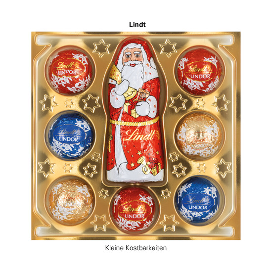 Lindt Präsent Weihnachten; 7 LINDOR Mini Kugeln, bunt gemischt und 1 Weihnachtsmann mit Werbeschuber Weihnachtsmütze: Karton, weiß, FSC®-Zertifiziert, Inlay: Kunststoff