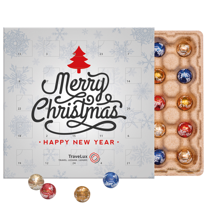 Minikugel Adventskalender; 24 LINDOR Mini Kugeln mit Vollkartonhülle weiß, Inlay: aus Papier