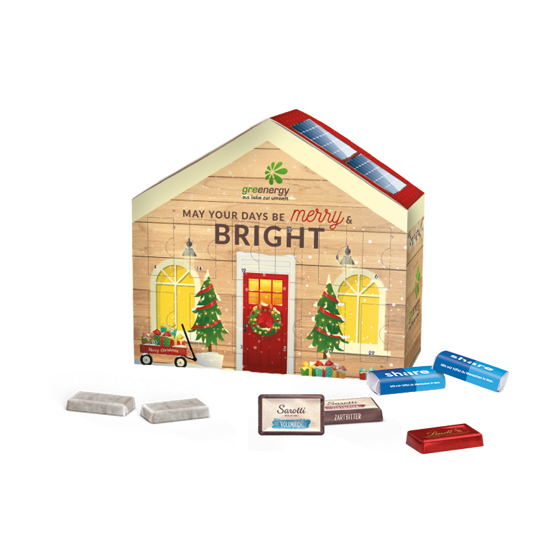 Adventskalender Haus; 24 Ritter SPORT Schokowürfel, 4 Sorten