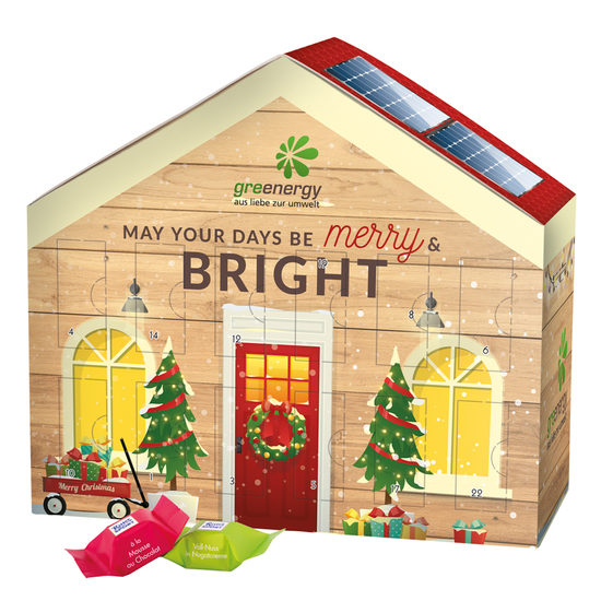 Adventskalender Haus; 24 Ritter SPORT Schokowürfel, 4 Sorten