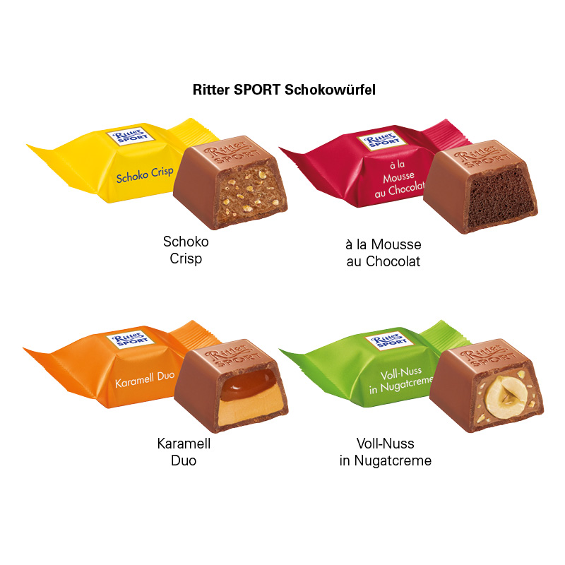 Standbodenbox Ritter SPORT; 2 Ritter SPORT Schokowürfel Schoko Crisp (nur sortenrein)