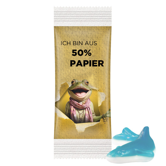 Fruchtgummi 1er Hai, Kartons à 250 Stück, 7 Kartons im Umkarton, Folie mit ca. 50 % Papieranteil, weiß