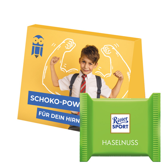 Werbekarte Midi Ritter SPORT; 1 Ritter SPORT mini Haselnuss