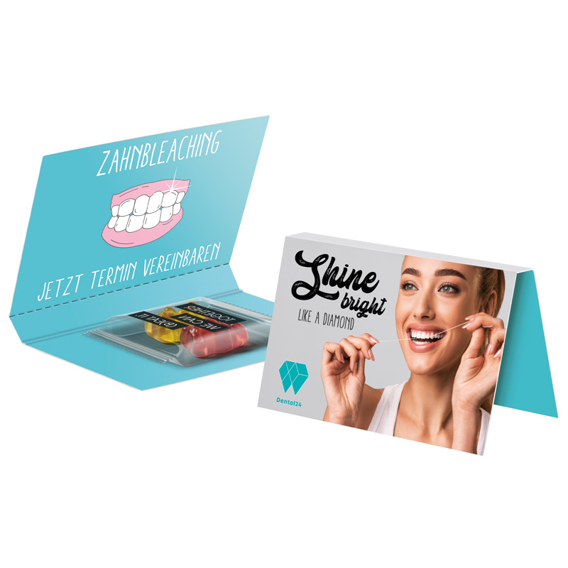 Werbekarte Visitenkartenformat Trolli Team Bärchen; 1 Flowpack Standardgestaltung mit 1 Trolli Team Gummibärchen