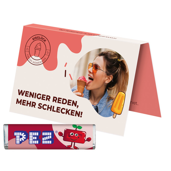 Werbekarte Visitenkartenformat PEZ; 1 PEZ Bonbonriegel, Kirsche