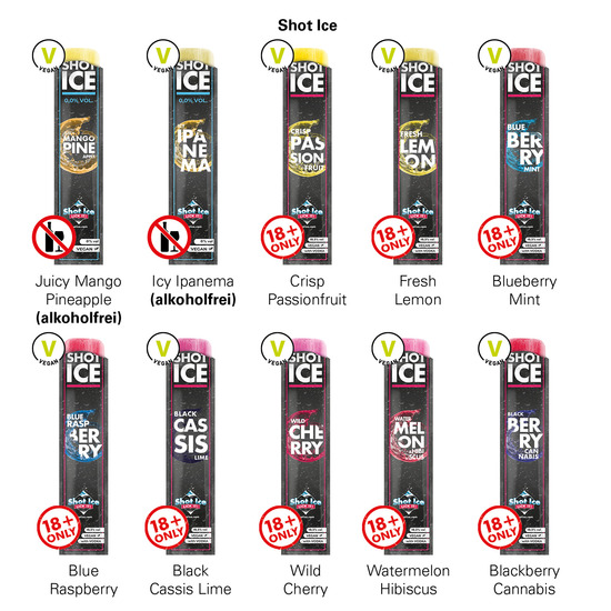 Long Box Shot Ice 1er; 1 Shot Ice Wassereis, Black Cassis Lime mit Wodka