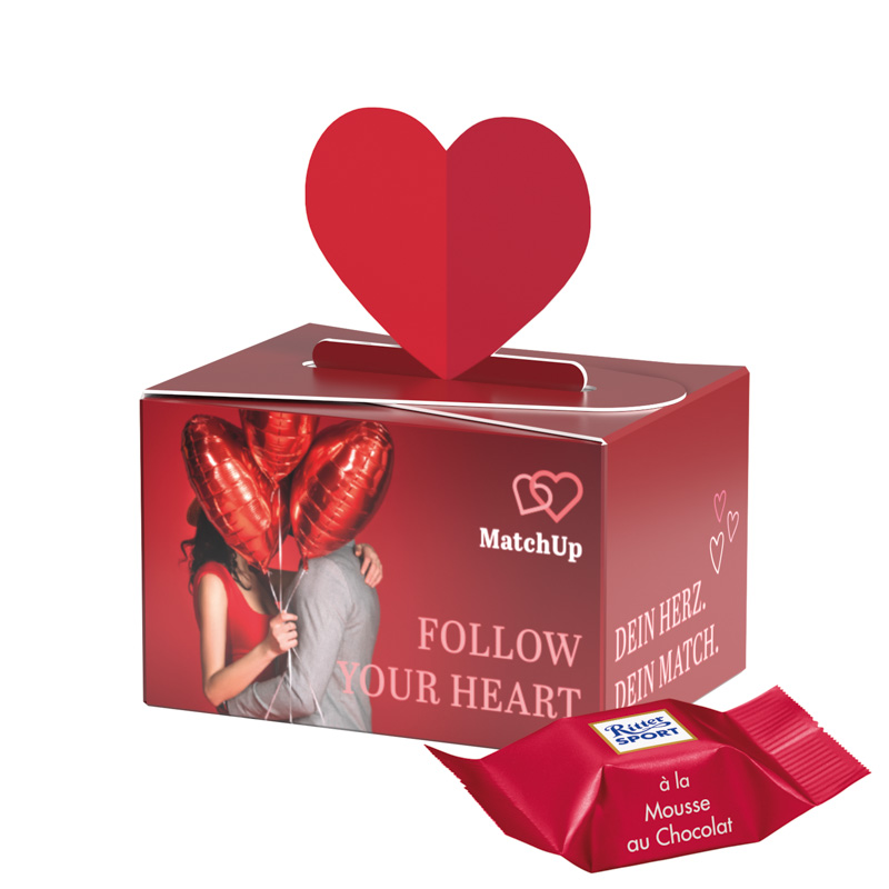 Geschenkbox Mini Herz; 2 Ritter SPORT Schokowürfel Mousse au Chocolate (nur sortenrein)