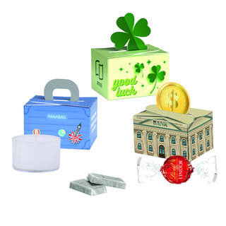 Geschenkbox Mini Koffer; 5 Alpenmilch Schokotäfelchen