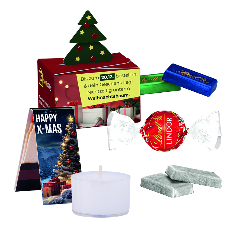 Geschenkbox Mini Weihnachten; 1 Teelichter und 1 Streichholzbriefchen, Weihnachtsmotiv