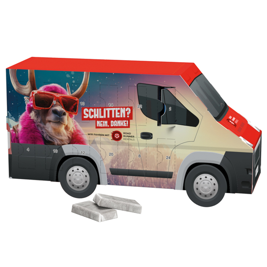 Adventskalender Transporter; 24 Alpenmilch-Schokotäfelchen