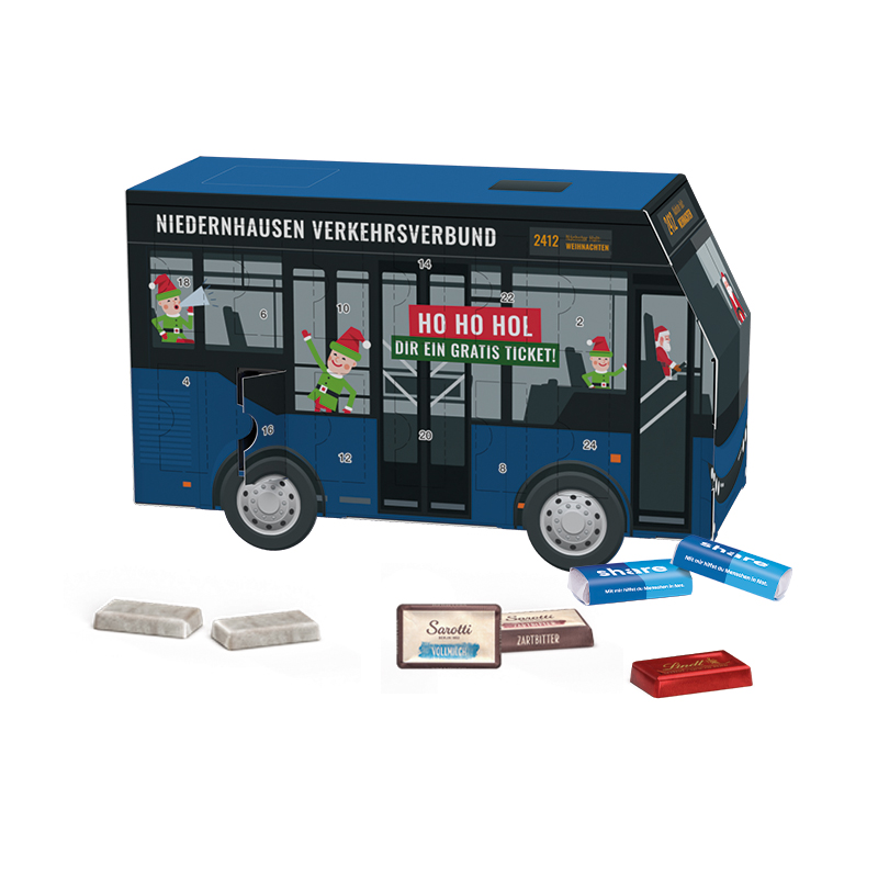Adventskalender Bus; 24 Lindt Schokotäfelchen