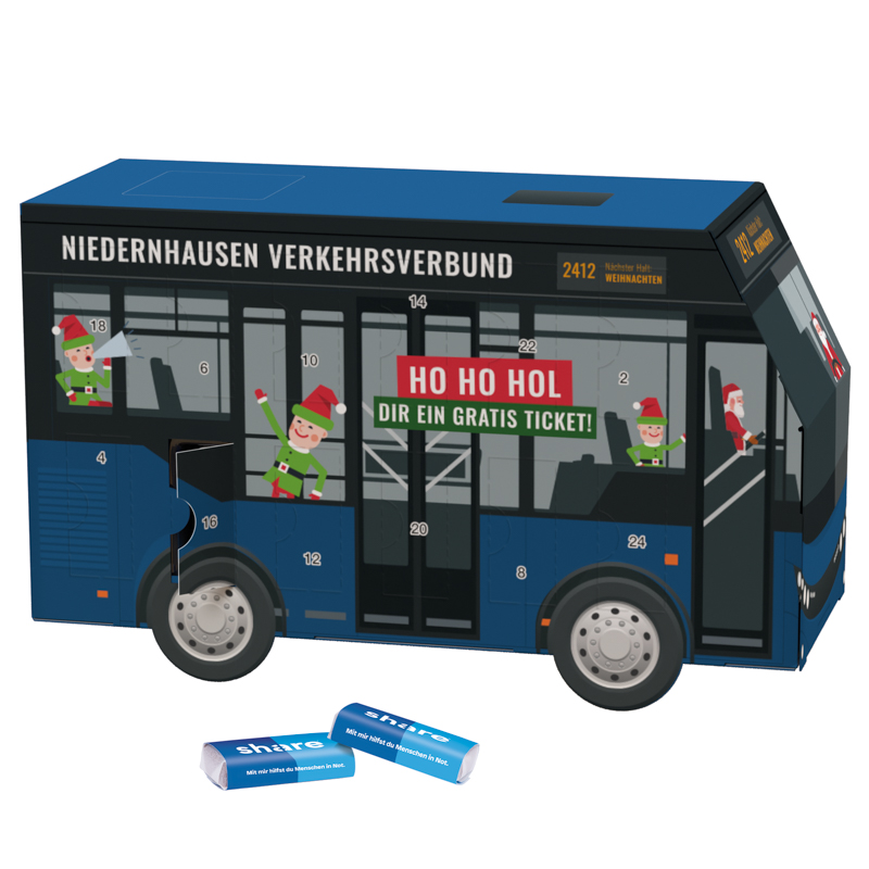 Adventskalender Bus; 24 share Schokotäfelchen