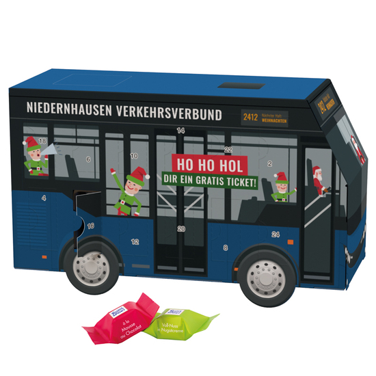 Adventskalender Bus; 24 Ritter SPORT Schokowürfel, 4 Sorten