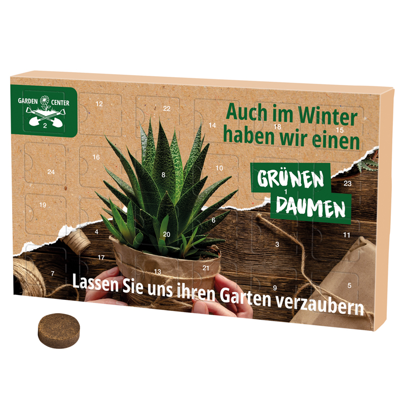 Adventskalender ECO L mit Samentütchen; 24 Substrattabletten und 24 Samentütchen in 12 Sorten