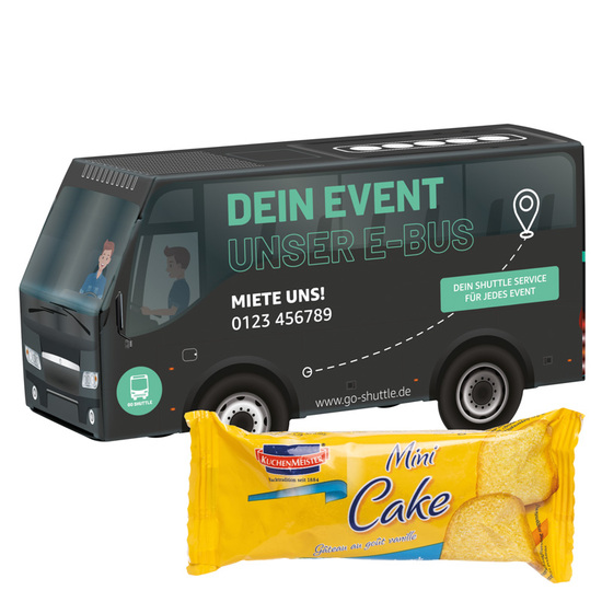 3D Präsent Bus; 1 KuchenMeister Mini Rührkuchen, Vanillegeschmack