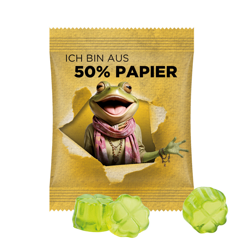 Minitüte 10 g Trolli Fruchtgummi Standardformen; Trolli Fruchtgummi Kleeblatt grün, Folie mit ca. 50 % Papieranteil, weiß