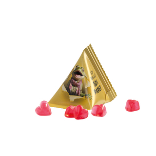 Fruchtgummi Tetraeder, Papierfolie weiß, Trolli Fruchtgummi Herz rot