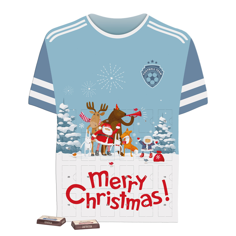 Täfelchen Adventskalender Trikot; 24 Sarotti Schokoladentäfelchen, 4 Sorten