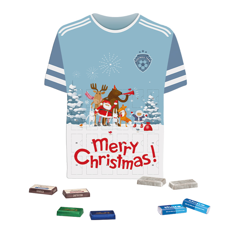Täfelchen Adventskalender Trikot; 24 Alpenmilch-Schokotäfelchen