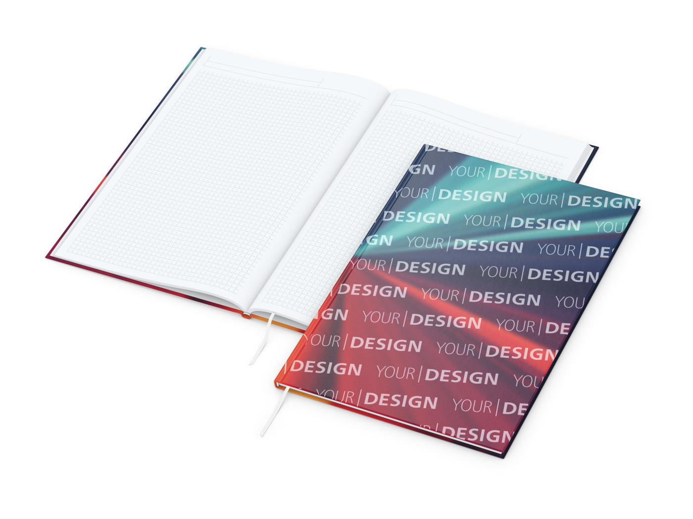 Notizbuch Memo-Book Umfang klein Hardcover individuell bedruckt, DIN A4, Lineatur Winkelkaro, Einband-Oberfläche glänzend