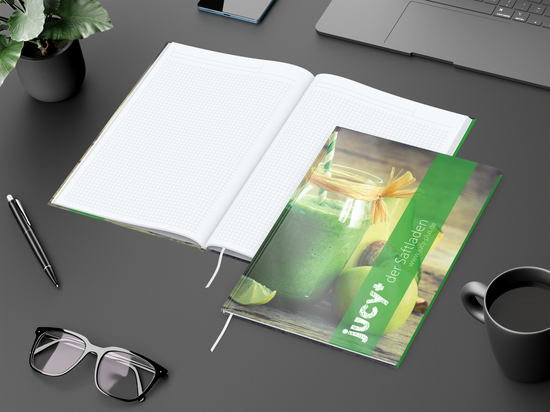 Notizbuch Memo-Book Umfang klein Hardcover individuell bedruckt, DIN A4, Lineatur Winkelkaro, Einband-Oberfläche glänzend