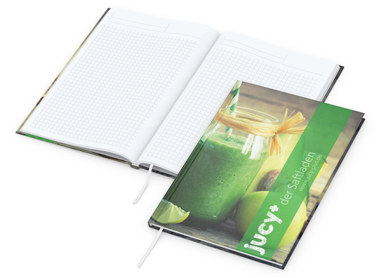 Notizbuch Memo-Book Umfang klein Hardcover individuell bedruckt, DIN A5, Lineatur Winkelkaro, Einband-Oberfläche glänzend