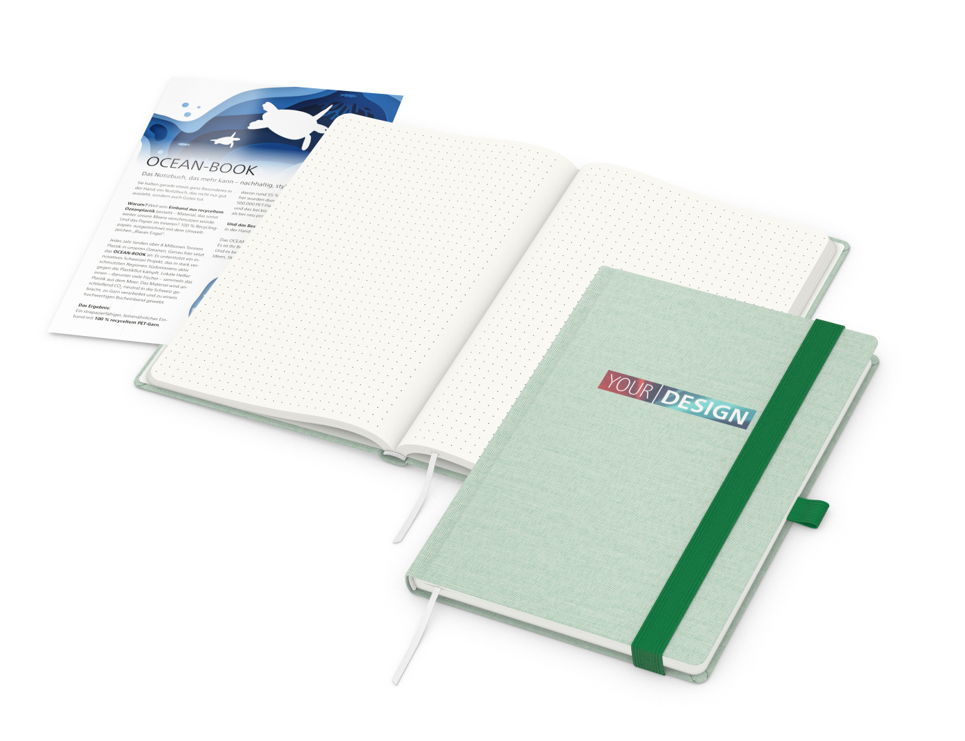Notizbuch Ocean-Book RECYCLING rPET-Hardcover farbig A5, Lineatur Punktraster, Material-Infoblatt ja