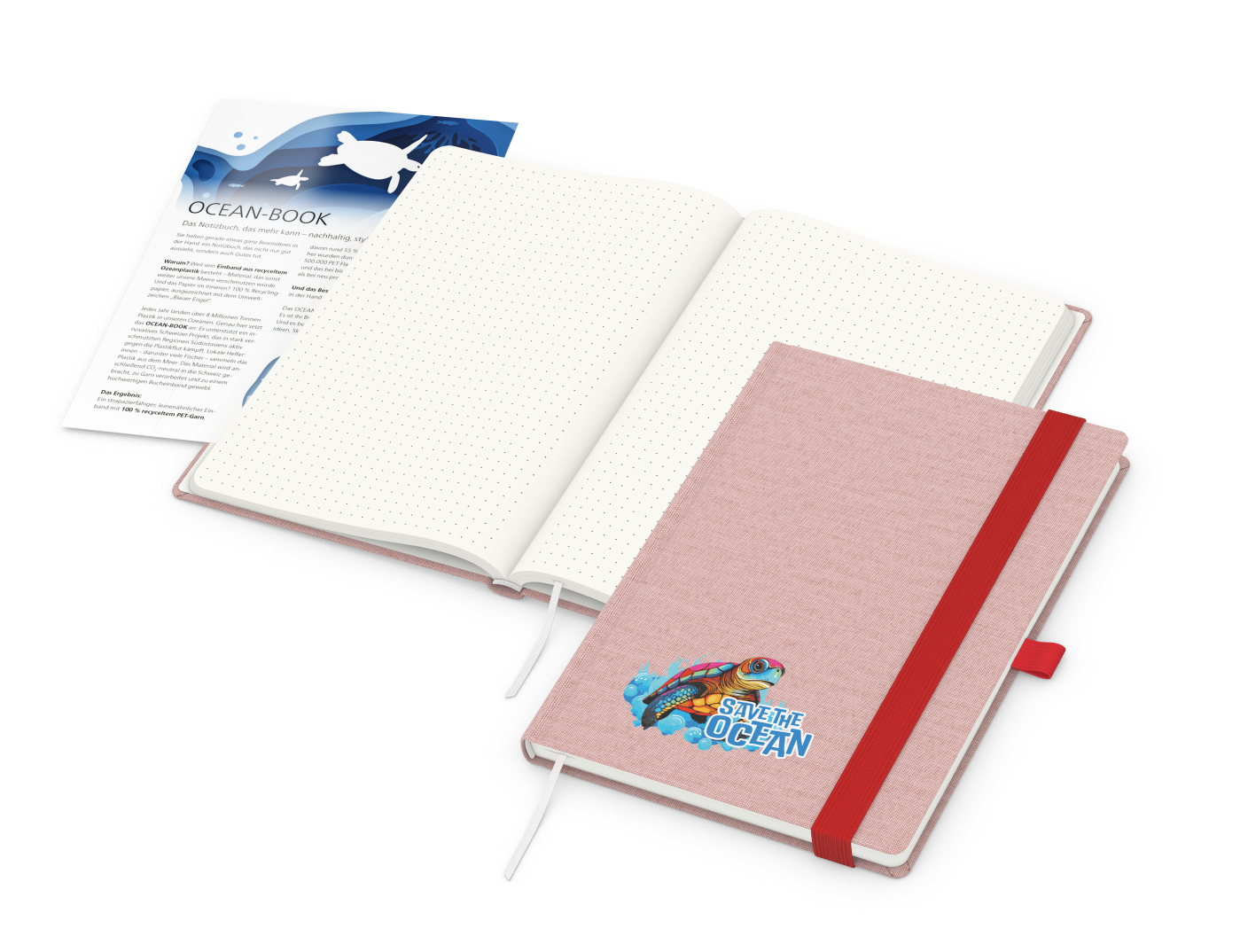 Notizbuch Ocean-Book RECYCLING rPET-Hardcover farbig A5, Lineatur Punktraster, Material-Infoblatt ja