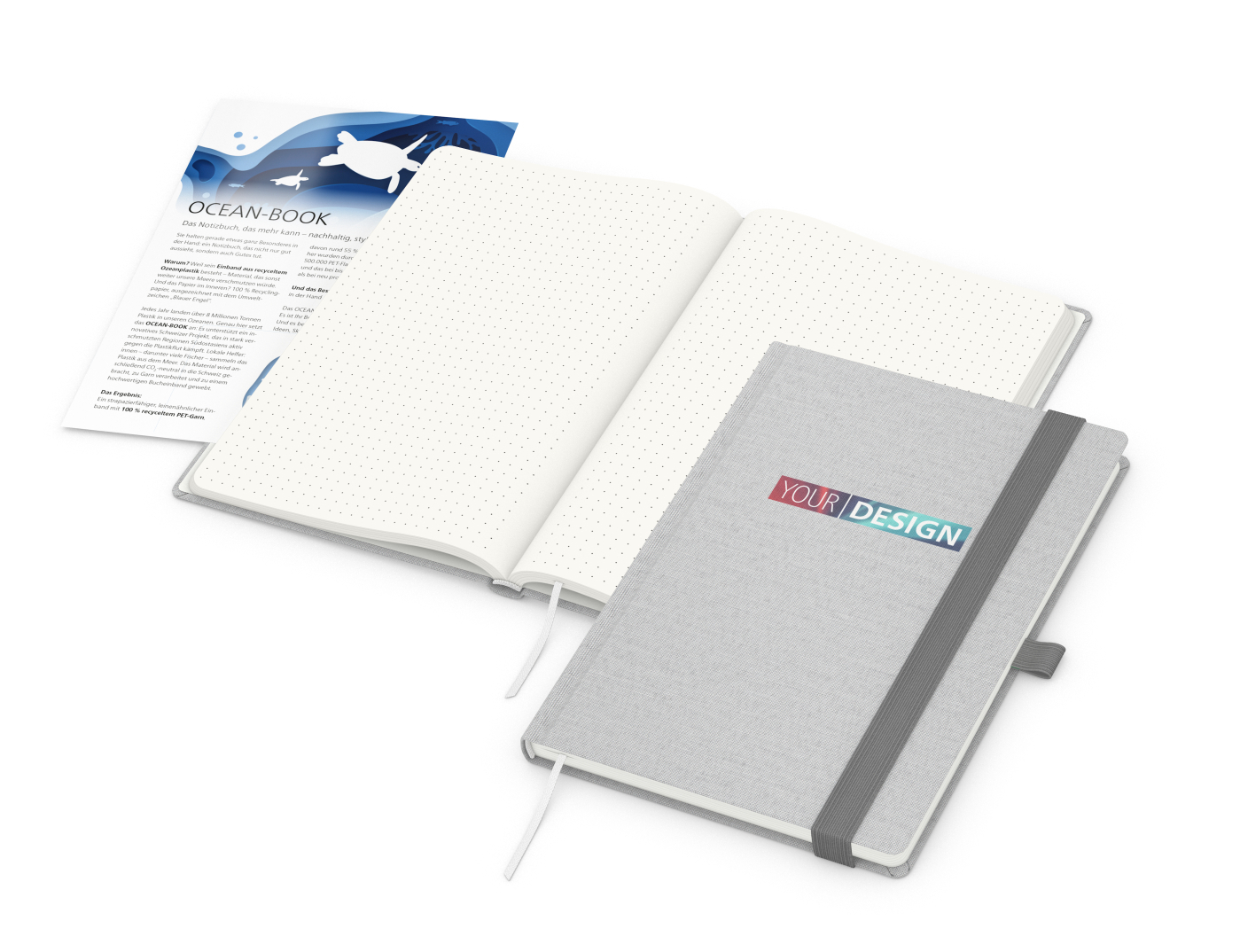 Notizbuch Ocean-Book RECYCLING rPET-Hardcover farbig A5, Lineatur Punktraster, Material-Infoblatt ja