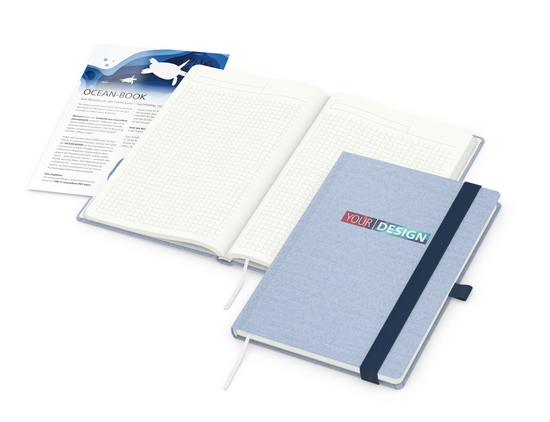 Notizbuch Ocean-Book RECYCLING rPET-Hardcover farbig A5, Lineatur Winkelkaro, Material-Infoblatt ja